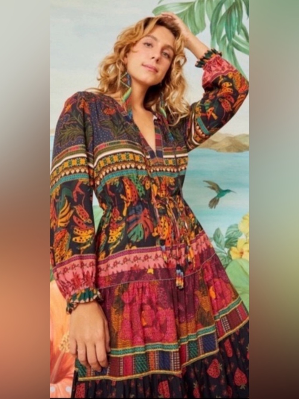 FARM Rio Multicolor Botanical Print Tiered Maxi Dress